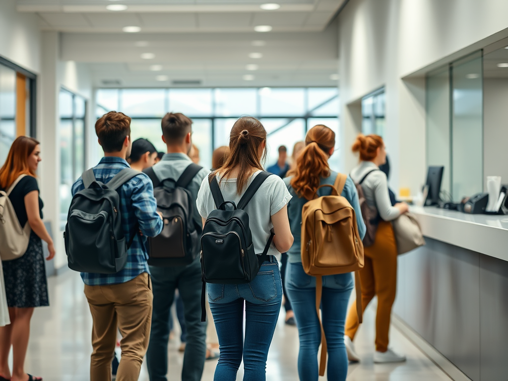 Australian university students waiting in registration line